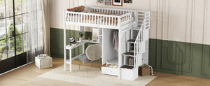English Elm Twin Loft Bed with Integrated Desk Wardrobe Bookshelf and Storage for Kids Rooms LT100668AAK
