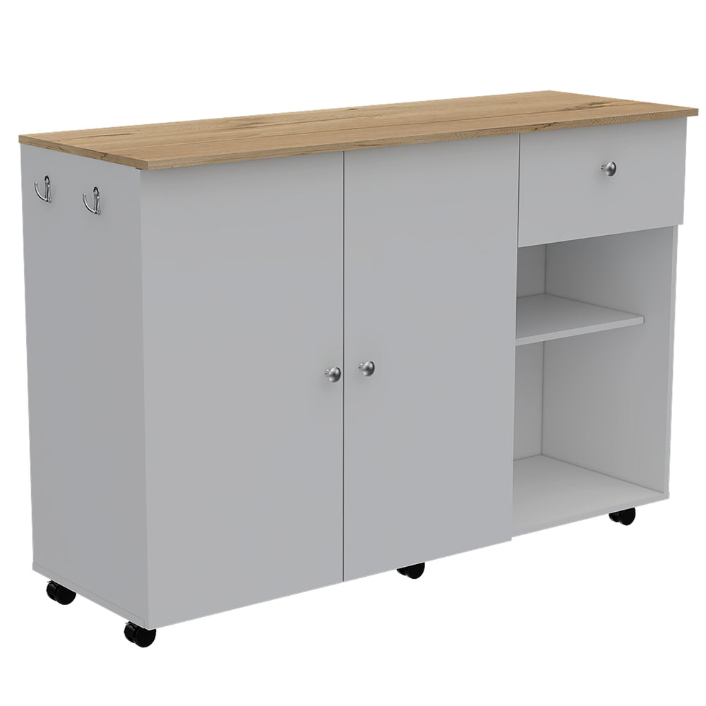 English Elm Kitchen Island Cart Indiana White & Light Oak — Narrow 53"x18" Counter, Open Shelves, Towel Bars, Locking Casters for Mobile Durability B092S00063