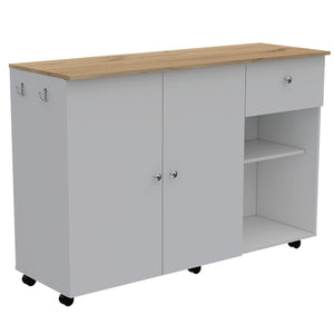 English Elm Kitchen Island Cart Indiana White & Light Oak — Narrow 53"x18" Counter, Open Shelves, Towel Bars, Locking Casters for Mobile Durability B092S00063