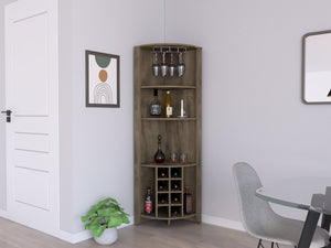 English Elm Corner Bar Cabinet Castle Dark Brown Corner Wine Rack with Cup Holder, 8 Cubbies, Shelves, Durable Finish B092S00036