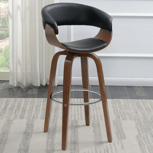 English Elm Walnut Swivel Bar Stool with Faux Leather Contoured Back, Mid-Century Walnut Legs & 360° Chrome Base B062S00279