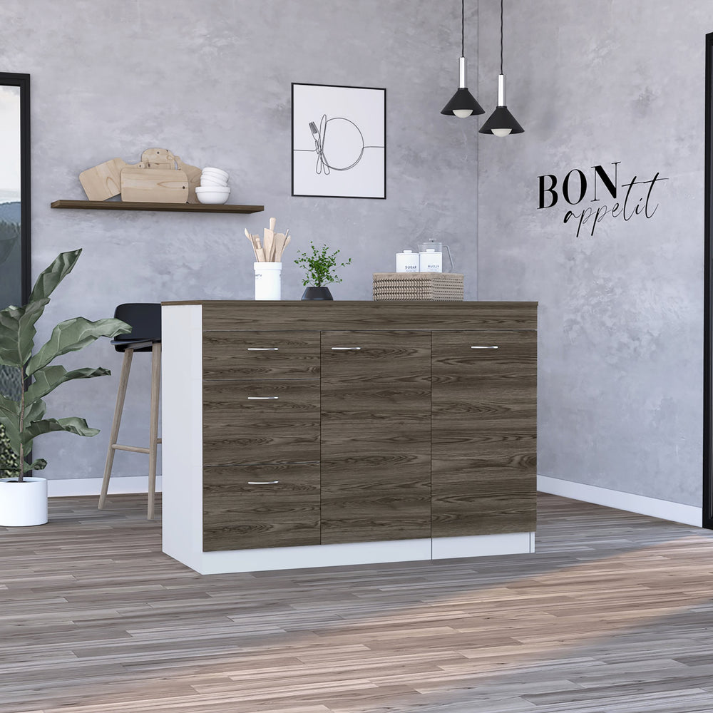 English Elm Kitchen Island Metask White & Dark Walnut with 3 Drawers, Flexible Cabinet, Durable Particleboard Countertop 90" B092S00080