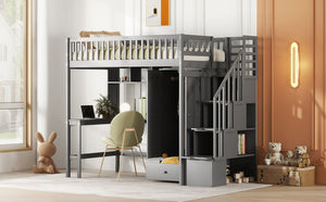 English Elm Twin Loft Bed with Integrated Desk Wardrobe Bookshelf and Storage for Kids Rooms Gray LT100668AAE