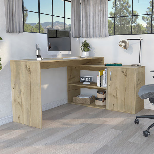 English Elm L-Shaped Corner Desk Desti in Light Oak — Spacious 59.6"W Workstation with Shelves & Cabinet, Durable B092S00051