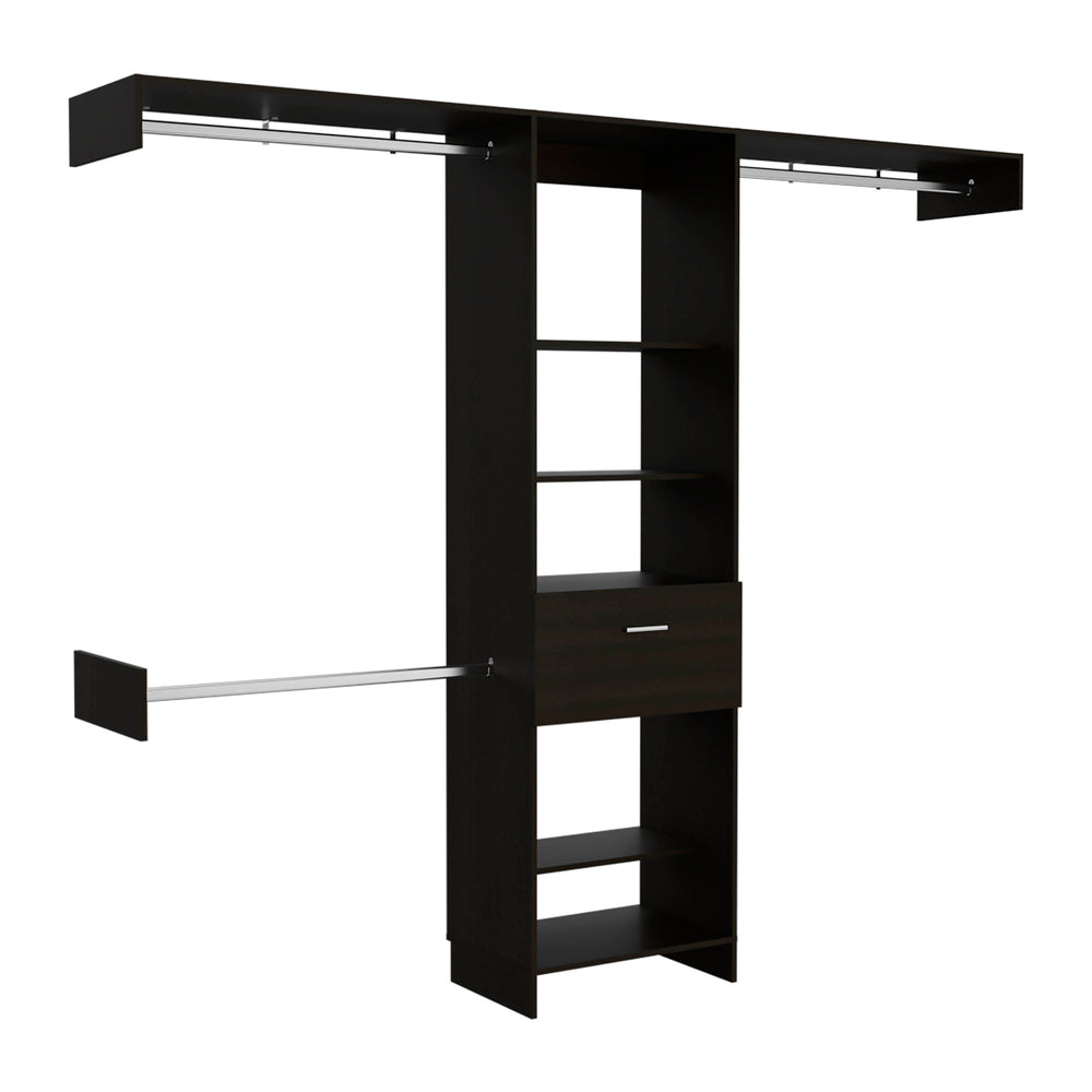 English Elm 250 Closet System British Black - Durable Particle Board Wardrobe with 1 Drawer, 3 Rods, 5 Shelves, 99.7" Top B092S00024