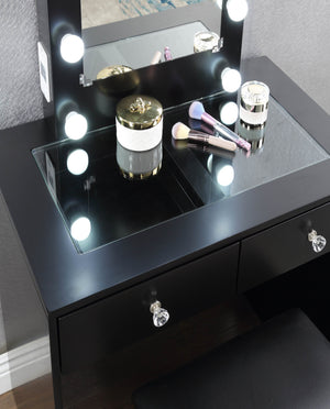 English Elm Black Makeup Vanity with 10 LED Lights, USB & Outlet, Matching Stool, 2 Drawers, Sleek Modern Glam Desk B011P146565
