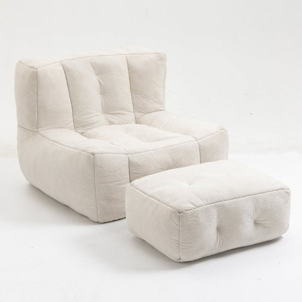 English Elm Fluffy Velvet Bean Bag Lounge Chair with Ottoman Memory Foam Adult Bedroom Seating White W1996131041
