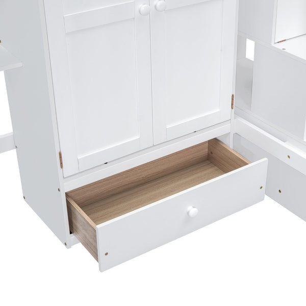 English Elm Twin Loft Bed with Integrated Desk Wardrobe Bookshelf and Storage for Kids Rooms LT100668AAK