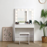 Hearth and Haven Vanity Table with Large Lighted Mirror, Makeup Vanity Dressing Table with Drawer, 1Pc Upholstered Stool , 12 Light Bulbs and Adjustable Brightness, White Color W2156P145165