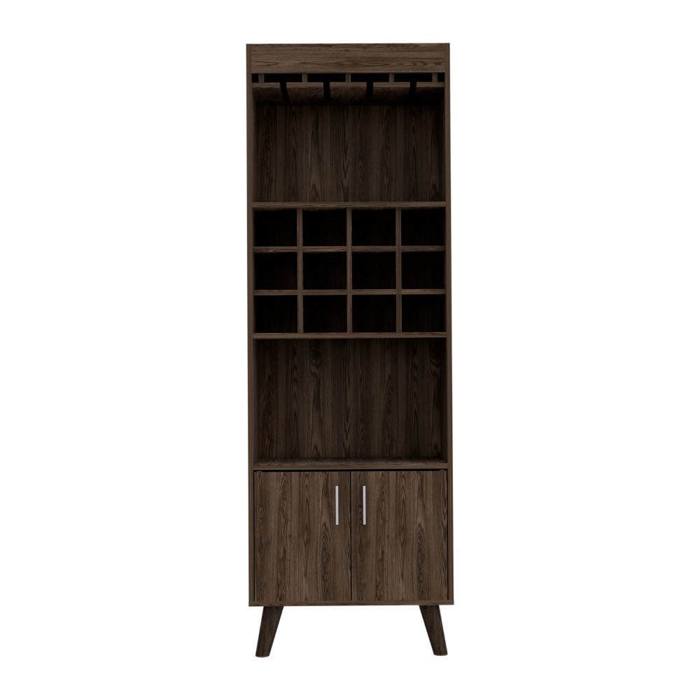 English Elm Bar Cabinet Bull Dark Walnut - 12 Wine Cubbies, Two Shelves & Doors, Sturdy Particleboard, 26x20x8" B092S00031
