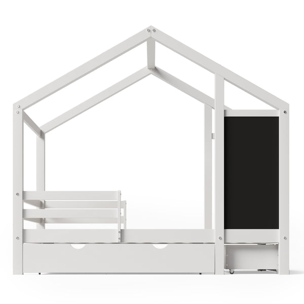 English Elm Twin House Bed with Chalkboard, Built-In Drawers & 350lb Capacity, Pine/Plywood Twin Loft Style AA20571415W