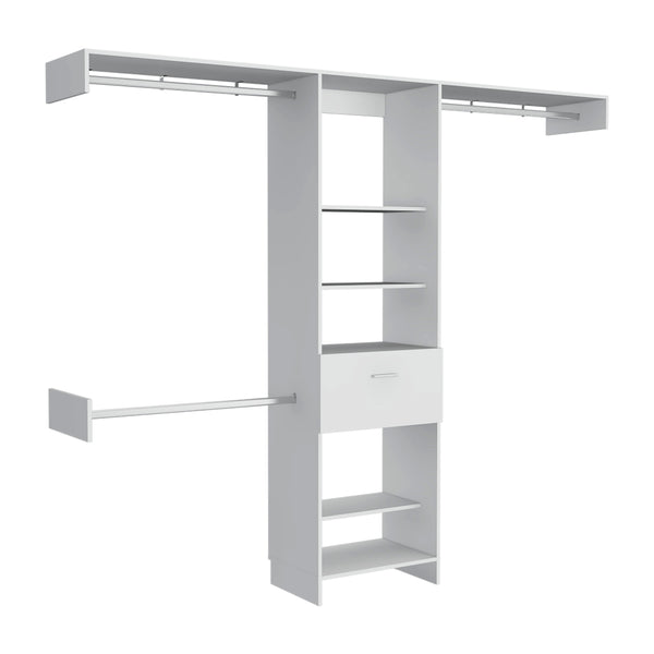 English Elm 250 Closet System British White Bedroom Organizer with Drawer, 3 Rods & 5 Shelves — Durable Particleboard B092S00028