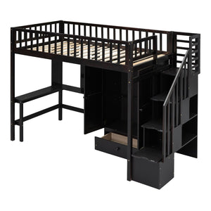 English Elm Twin Loft Bed with Integrated Desk Wardrobe Bookshelf and Storage for Kids Rooms Espresso LT100668AAP