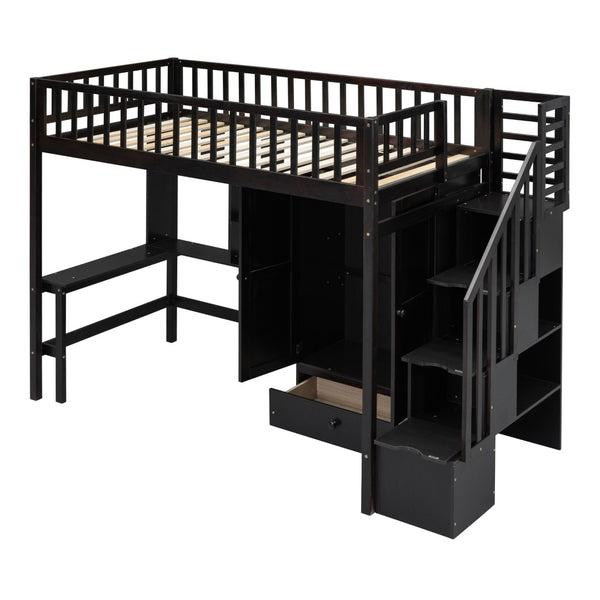 English Elm Twin Loft Bed with Integrated Desk Wardrobe Bookshelf and Storage for Kids Rooms Espresso LT100668AAP