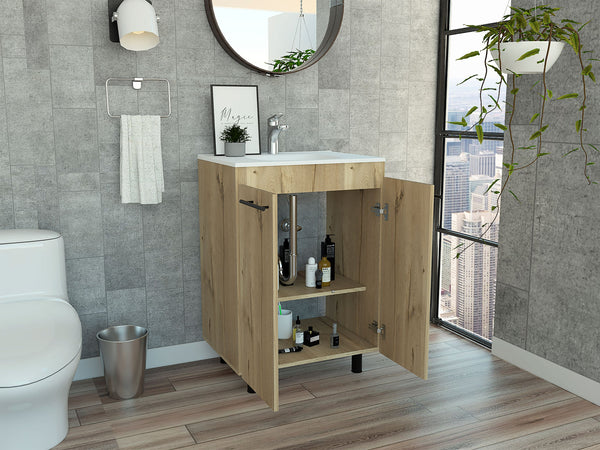 English Elm Floor Cabinet Oxnard Light Oak with Drop-In High-Resistance Resin Sink 23.8" Wide, Durable Design B092S00097