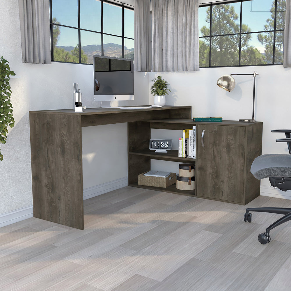 English Elm L-Shaped Desk Desti Dark Brown – Durable Particle Board Office Corner Desk with Cabinet & Shelves, 59.64" W B092S00049