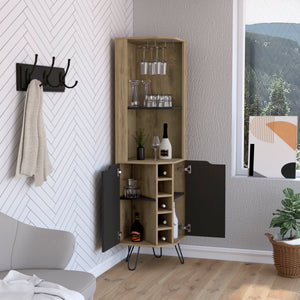 English Elm Corner Bar Cabinet Leverkusen Aged Oak/Black - Corner Wine Storage with Six Cubbies, Cup Rack & Shelves Durable Design (41x22") B092S00069