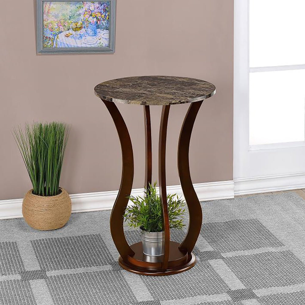 English Elm Brown Round Accent Table Wavy Pedestal Faux Marble Top Rubberwood Plant Stand 28.5"H Stylish Decor B062P145501