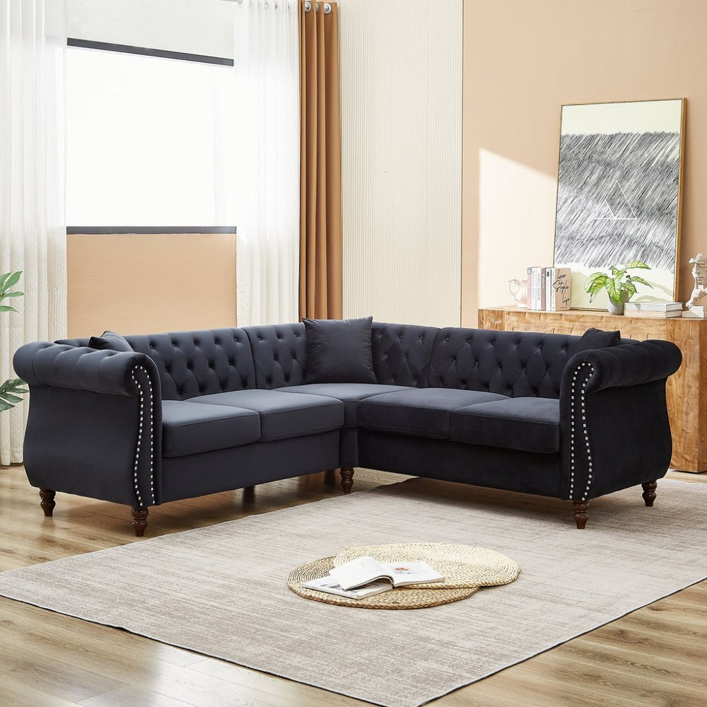 English Elm 83.5-inch L-shaped Sectional Sofa Five Seat Corner Couch with Chesterfield Inspired Style Black W834S00603