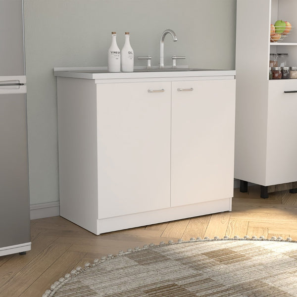 English Elm Utility Sink Cabinet Freestanding Stainless Steel Basin White Farmhouse Storage B092S00093