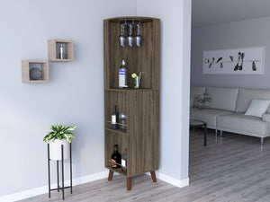 English Elm Corner Bar Cabinet Plex Dark Brown - Space-Saving Living Room Corner Unit with Cup Rack, Drawer, Shelves B092S00107