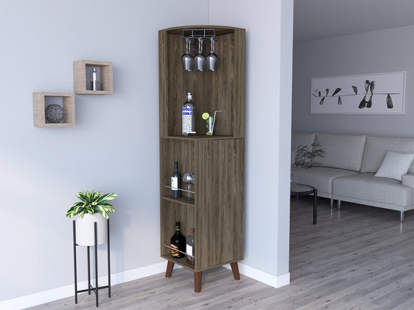 English Elm Corner Bar Cabinet Plex Dark Brown - Space-Saving Living Room Corner Unit with Cup Rack, Drawer, Shelves B092S00107