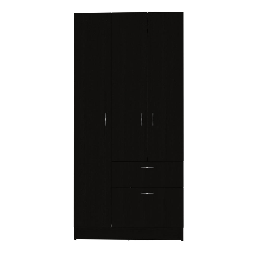 English Elm Armoire Cobra Modern White & Black Bedroom Wardrobe with Hanging Rod, Drawer & Pull-Down Cabinet B092S00041