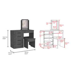 English Elm Makeup Roxx Dressing Table in Smokey Oak Gray with Mirror, Stool & 4 Drawers — Durable Particleboard B092S00119