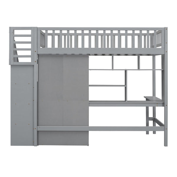 English Elm Twin Loft Bed with Integrated Desk Wardrobe Bookshelf and Storage for Kids Rooms Gray LT100668AAE