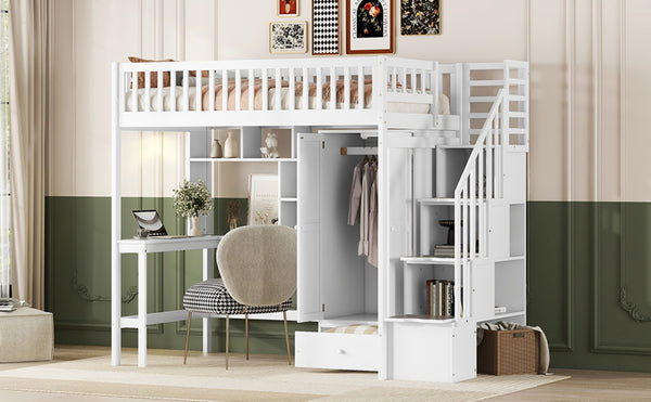 English Elm Twin Loft Bed with Integrated Desk Wardrobe Bookshelf and Storage for Kids Rooms LT100668AAK