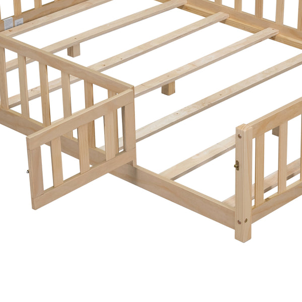 English Elm Full Full Size Floor Platform Bed with Safety Fence and Door, Montessori Toddler Frame with Slats, Sturdy Pine Construction for Secure Sleep and Playtime Natural 77.76 L x 17.52 W x 6.3 H W1716132149