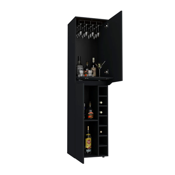 English Elm Tall Cabinet Bell Black with 7 Wine Cubbies, Cup Rack & Adjustable Shelf — Durable Particleboard Storage B092S00022