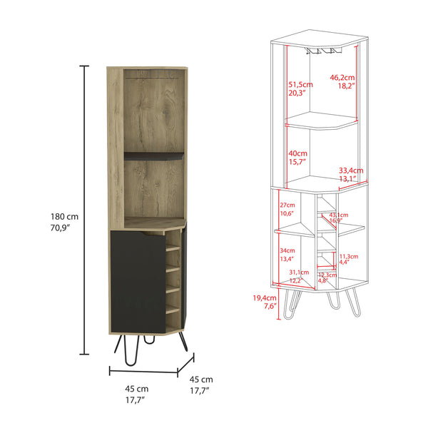 English Elm Corner Bar Cabinet Leverkusen Aged Oak/Black - Corner Wine Storage with Six Cubbies, Cup Rack & Shelves Durable Design (41x22") B092S00069