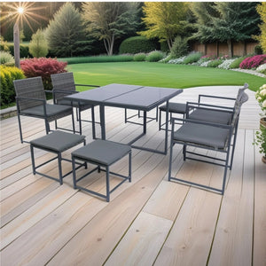 English Elm 9 Patio Dining Set - Space-Saving Rattan Outdoor 9-Piece with Glass Top, Grey Wicker & Cushions W329S00041