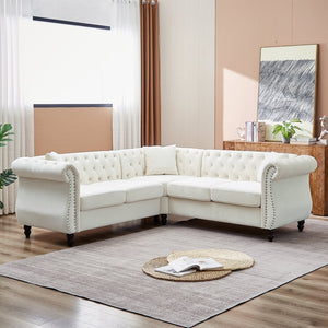 English Elm 83.5-inch L-shaped Sectional Sofa Five Seat Corner Couch with Chesterfield Inspired Style Beige W834S00601