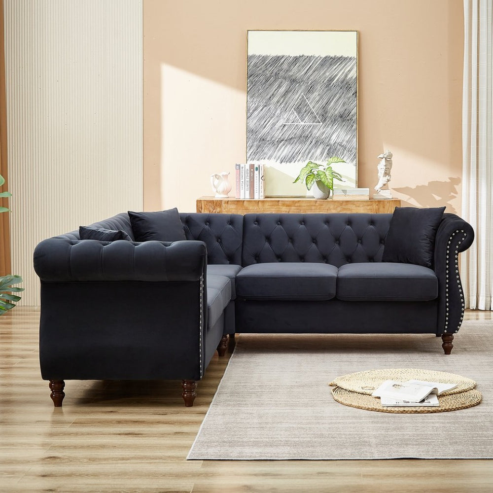 English Elm 83.5-inch L-shaped Sectional Sofa Five Seat Corner Couch with Chesterfield Inspired Style Black W834S00603