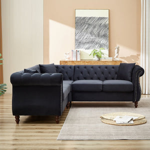 English Elm 83.5-inch L-shaped Sectional Sofa Five Seat Corner Couch with Chesterfield Inspired Style Black W834S00603