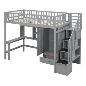 English Elm Twin Loft Bed with Integrated Desk Wardrobe Bookshelf and Storage for Kids Rooms Gray LT100668AAE