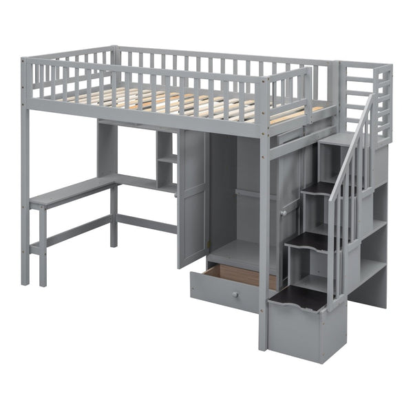 English Elm Twin Loft Bed with Integrated Desk Wardrobe Bookshelf and Storage for Kids Rooms Gray LT100668AAE