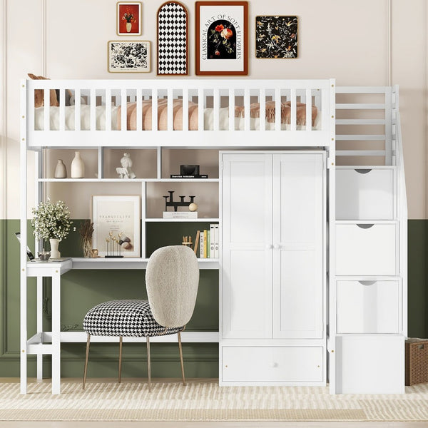 English Elm Twin Loft Bed with Integrated Desk Wardrobe Bookshelf and Storage for Kids Rooms LT100668AAK