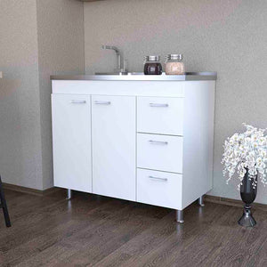 English Elm Utility Sink Cabinet Freestanding Stainless Steel Basin White Farmhouse Storage B092S00066