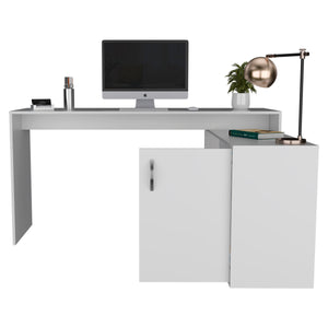 English Elm L-Shaped Desk Desti White Corner Office Workstation with Cabinet & Open Shelves, Durable Particleboard B092S00053