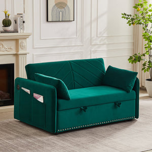 English Elm MH" Velvet Sleeper Sofa Bed with USB Port, 3‑in‑1 Pull-Out Convertible Couch, Removable Pocket Pillows Green W1193137590