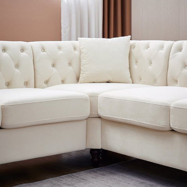 English Elm 83.5-inch L-shaped Sectional Sofa Five Seat Corner Couch with Chesterfield Inspired Style Beige W834S00601