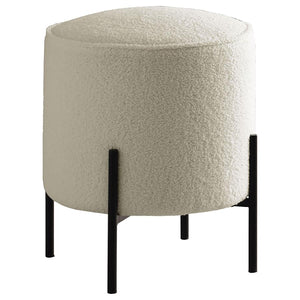 English Elm Beige Round Upholstered Ottoman with Faux Sheepskin, Thick Welt Trim & Matte Black Metal Base — Boho Chic Seat B062P145506