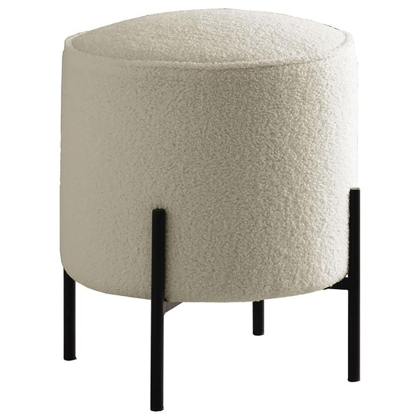 English Elm Beige Round Upholstered Ottoman with Faux Sheepskin, Thick Welt Trim & Matte Black Metal Base — Boho Chic Seat B062P145506