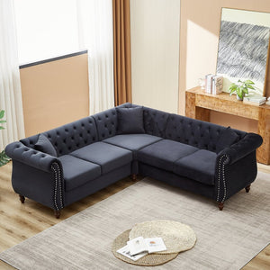 English Elm 83.5-inch L-shaped Sectional Sofa Five Seat Corner Couch with Chesterfield Inspired Style Black W834S00603