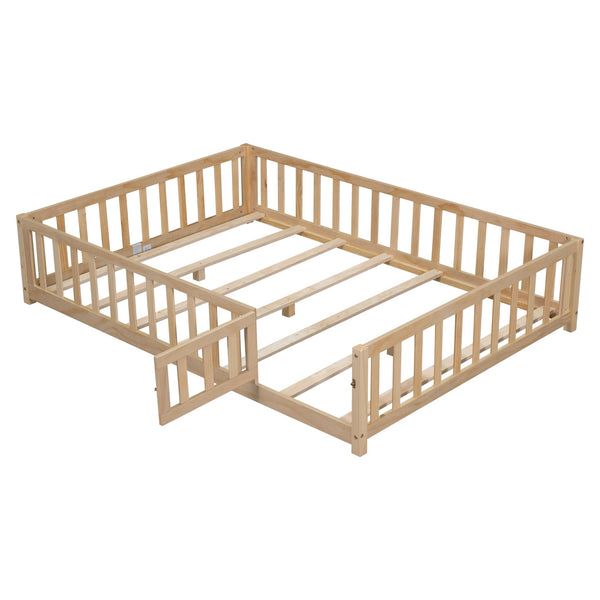 English Elm Full Full Size Floor Platform Bed with Safety Fence and Door, Montessori Toddler Frame with Slats, Sturdy Pine Construction for Secure Sleep and Playtime Natural 77.76 L x 17.52 W x 6.3 H W1716132149