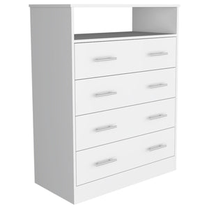 English Elm Four Drawer Dresser Wuju White - Durable Particle Board, 4 Spacious Drawers, Open Shelf, Metal Hardware, 47"L x 21"W B092S00111