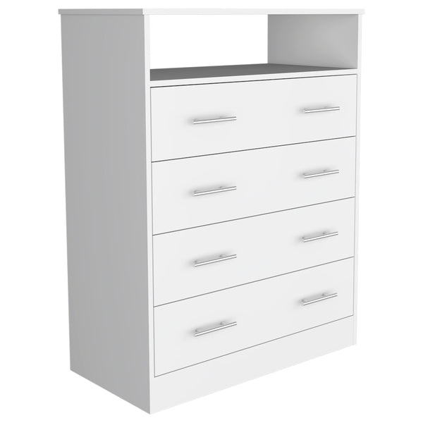 English Elm Four Drawer Dresser Wuju White - Durable Particle Board, 4 Spacious Drawers, Open Shelf, Metal Hardware, 47"L x 21"W B092S00111